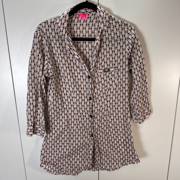 Betsey Johnson Pajama Dress Size M Pink Black Bows Heart Button XOX Sleep Shirt - Picture 1 of 12